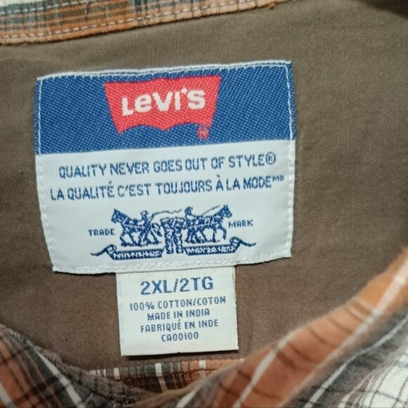 2XL👔Levi's Western Brown&Orange&Tan Plaid Button Down Shirt - Picture 9 of 10